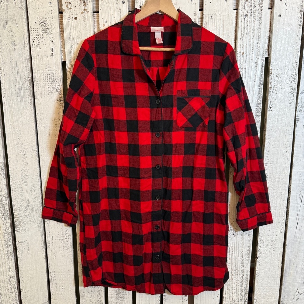 Buffalo Plaid Flannel Pajama Shirt Nightgown Black Red Size Medium Retro Holiday